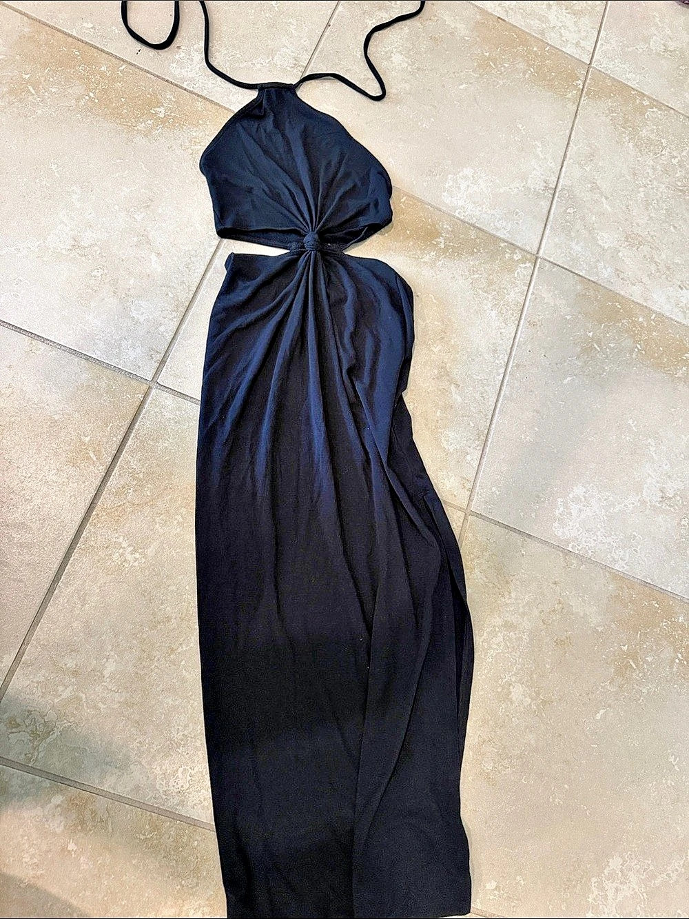 PrettyLittleThing Shape Black Textured Halterneck Knot Detail Maxi Dress
